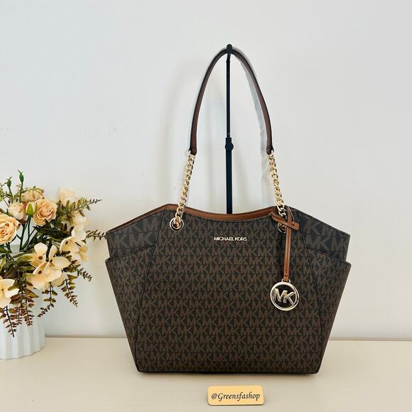 Michael Kors Purse jet set travel large chain tote shoulder bag brown MK